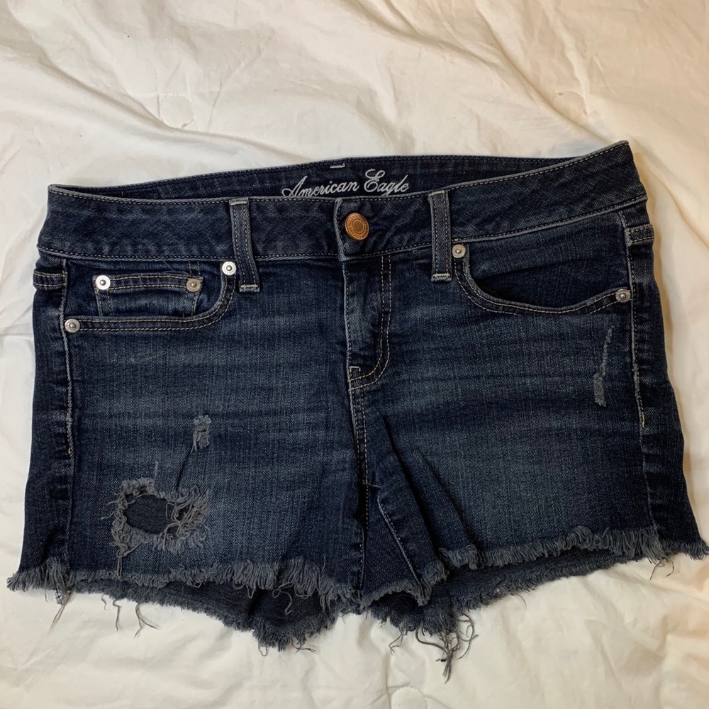 American Eagle Outfitters Dark Blue Distressed Denim Jean Shorts